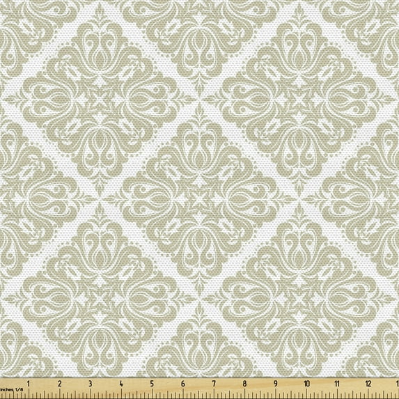 Ambesonne Damask Fabric by the Yard Upholstery, Rhombus Style Ivy Floral, 3 Yards, White and Pale Khaki