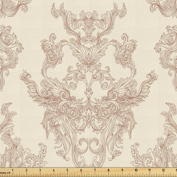 Ambesonne Damask Fabric by the Yard Upholstery, Rococo Renaissance Flowers, 1 Yard, Pale Camel Pale Redwood
