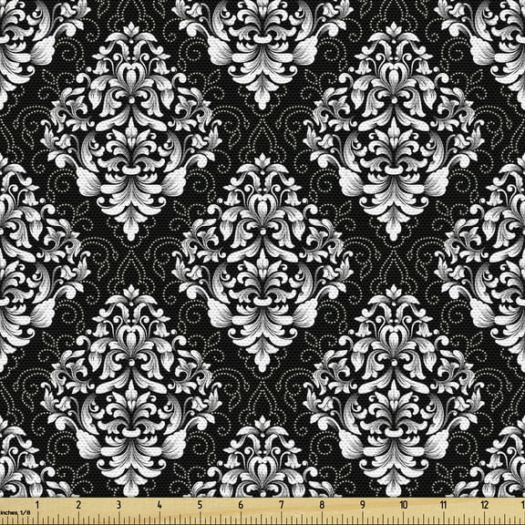 Ambesonne Damask Fabric by the Yard Upholstery, Timeless Foliage Leaves, 5 Yards, Grey Black and White
