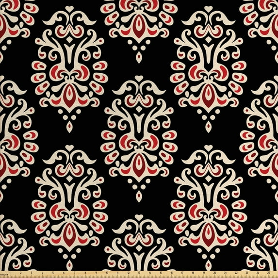 Ambesonne Damask Fabric by the Yard Upholstery, Traditional Abstract, 5 Yards, Black Cream Ruby