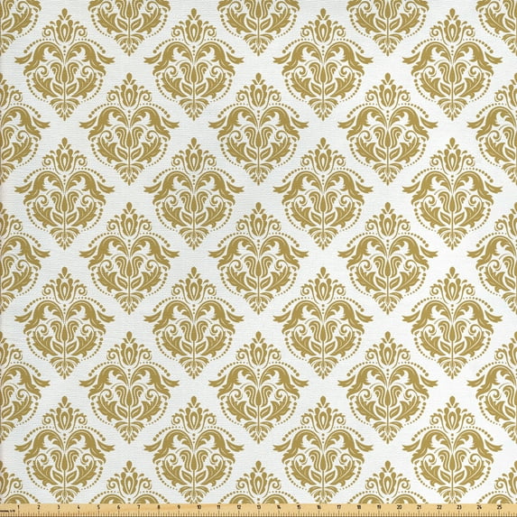 Ambesonne Damask Fabric by the Yard Upholstery, Victorian Classical Lovers, 3 Yards, Yellow and White