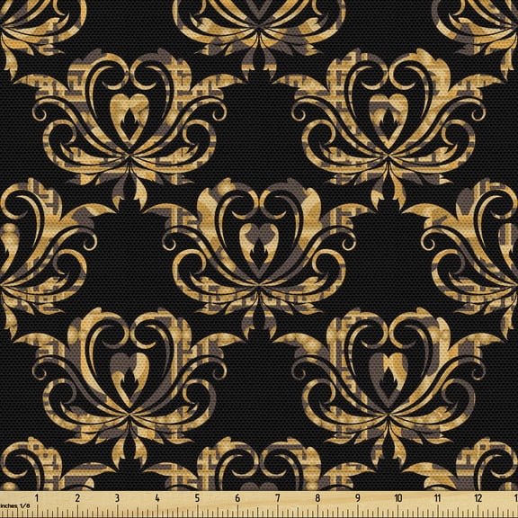 Ambesonne Damask Fabric by the Yard Upholstery, Vintage Floral Motif Hearts, 3 Yards, Charcoal Grey and Marigold