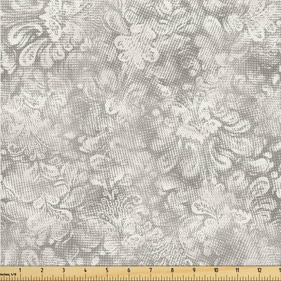 Ambesonne Damask Fabric by the Yard, Vintage Leafy Ethnic Print, 5 Yards, Dark Eggshell and Ivory