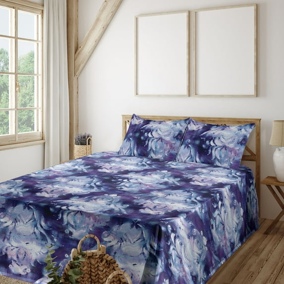 Ambesonne Damask Fitted & Flat Sheet with Sham 3 Pcs Set, Victorian Vibe Cosmic Colors, Twin XL, Quartz Lavender and Ceil Blue