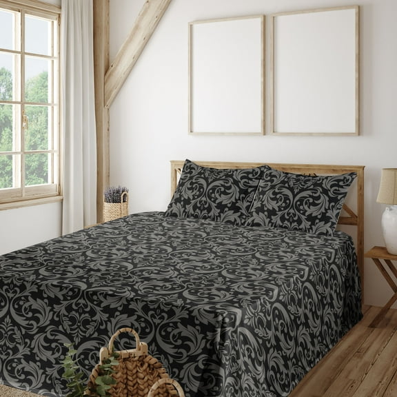 Ambesonne Damask Fitted & Flat Sheet with Shams 4 Pcs Set, Design Traditional Floral, Queen, Charcoal Grey and Pale Grey