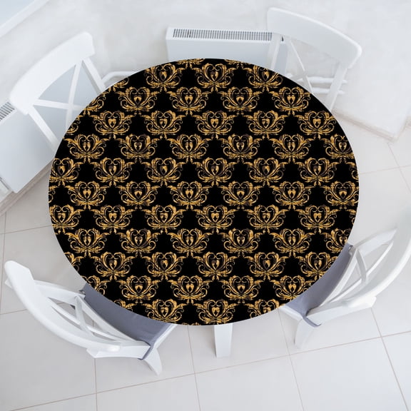 Ambesonne Damask Fitted Round Tablecloth, Vintage Floral Motif Hearts, 36"- 40" Diameter, Charcoal Grey and Marigold