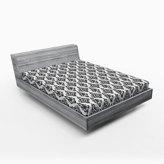 Ambesonne Damask Fitted Sheet, Black and White Baroque, Full Size, Black White