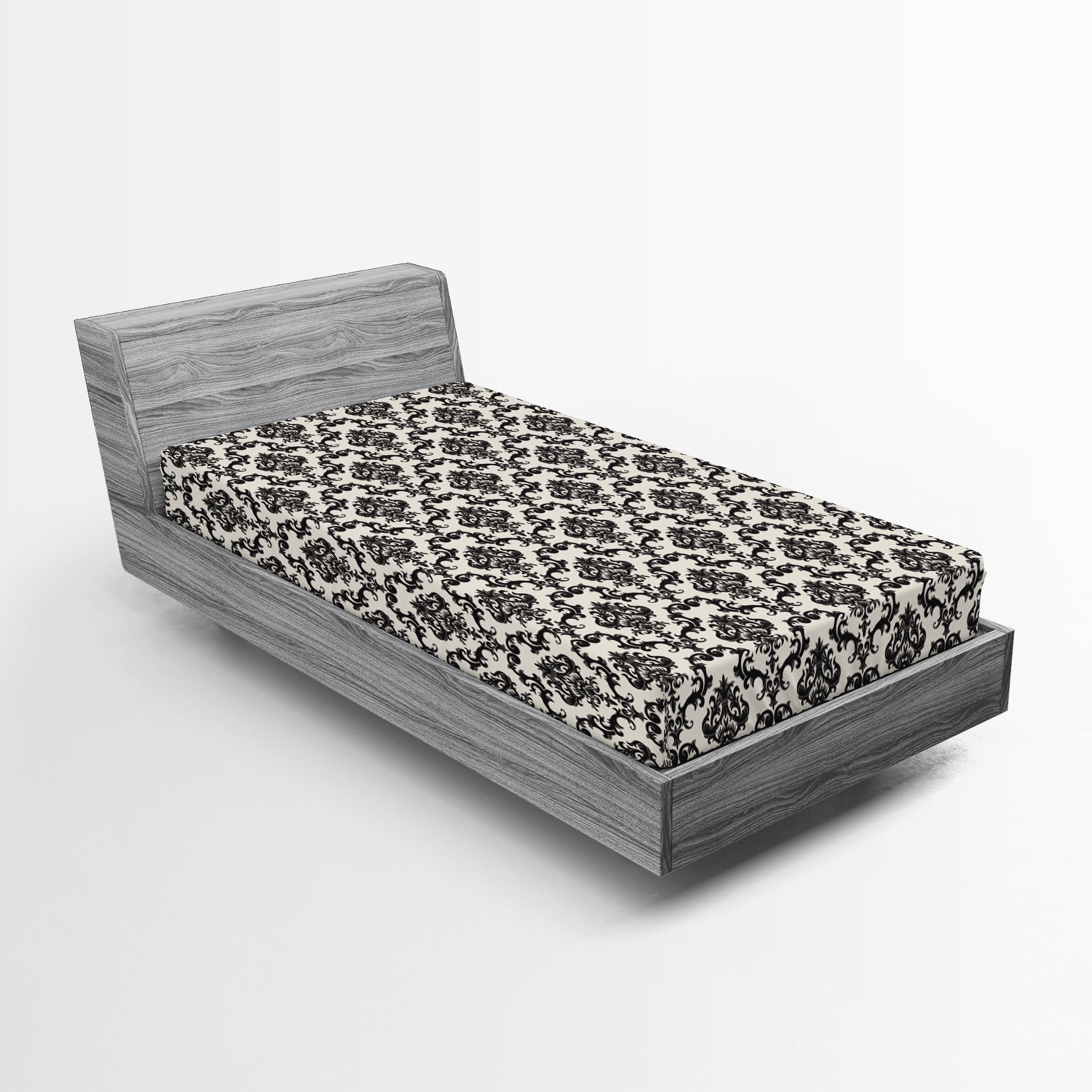 Twin Black and Beige Microfiber Damask Print Fitted Sheet
