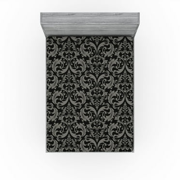 Ambesonne Damask Fitted Sheet, Design Traditional Floral, California King, Charcoal Grey and Pale Grey