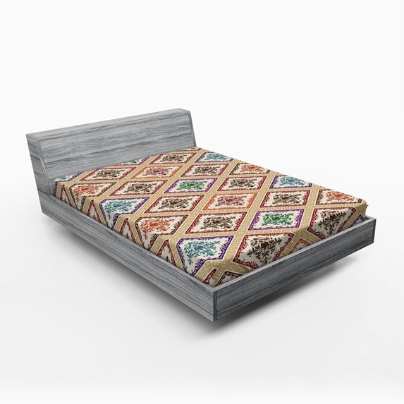 Ambesonne Damask Fitted Sheet, Motif in Vivid Rhombuses, Queen Size, Ivory and Multicolor