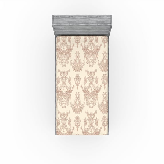 Ambesonne Damask Fitted Sheet, Rococo Renaissance Flowers, Twin Size, Pale Camel Pale Redwood