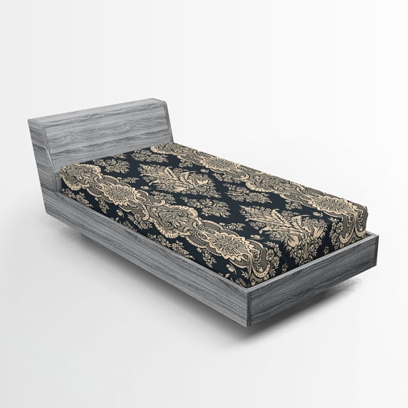 Ambesonne Damask Fitted Sheet, Victorian Baroque Style, Twin XL Size, Charcoal Grey Cream