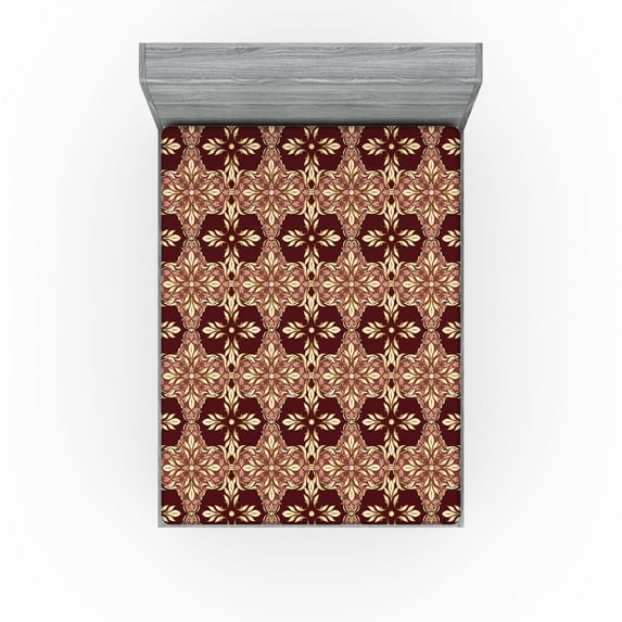 Ambesonne Damask Fitted Sheet, Vintage Floral Design Swirls, Full Size, Maroon Sand Brown