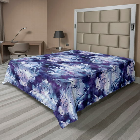 Ambesonne Damask Flat Bedding Sheet Soft Top Sheet, Victorian Vibe Cosmic Colors, California King, Quartz Lavender and Ceil Blue