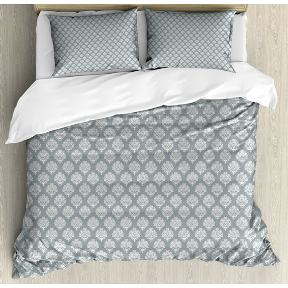Ambesonne Damask Grey Duvet Cover Set, Vintage Rococo, King, Blue Grey and Pale Taupe