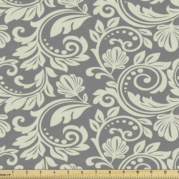 Ambesonne Damask Grey Fabric by the Yard Upholstery, Vintage Art, 1 Yard, Grey Yellow Grey