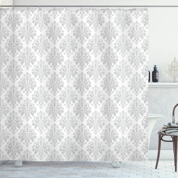 Ambesonne Damask Grey Shower Curtain, Baroque Botany Swirls, 69"Wx75"L, Pale Grey and White