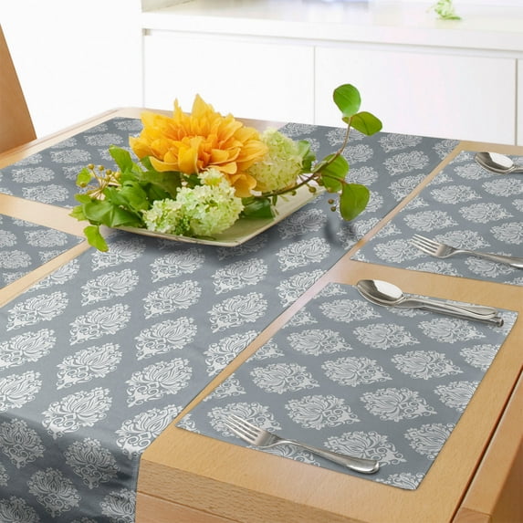 Ambesonne Damask Grey Table Runner & Placemats, Vintage Rococo, Placemat 4 pcs + Runner 16"x90", Blue Grey and Pale Taupe