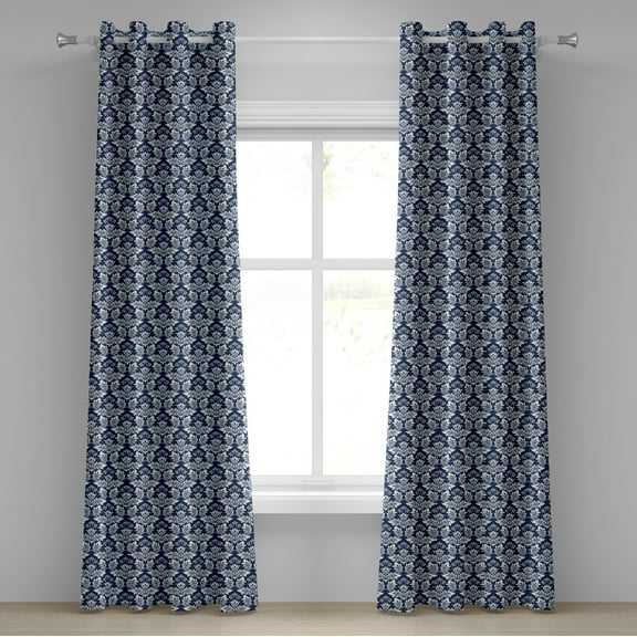 Ambesonne Damask Grommet Curtain, Antique Baroque Curves, 50" x 120", Dark Petrol Blue White