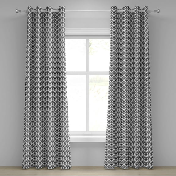Ambesonne Damask Grommet Curtain, Black and White Baroque, 50" x 84", Black White