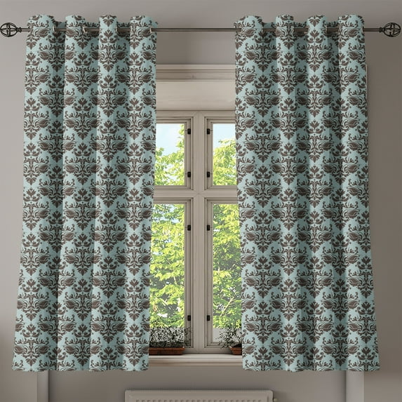 Ambesonne Damask Grommet Curtain, Damask Shapes Motif, 50" x 54", Teal Brown