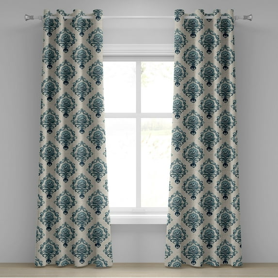 Ambesonne Damask Grommet Curtain, Nostalgic Baroque Blooms, 50"x120", Tan Petrol Blue