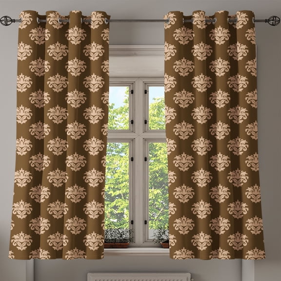 Ambesonne Damask Grommet Curtain, Retro Antique Motifs, 50" x 54", Tan and Brown