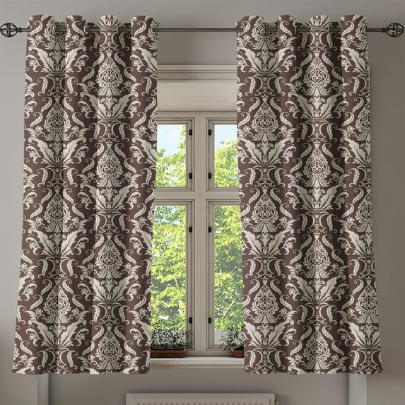 Ambesonne Damask Grommet Curtain, Wildflowers Leaves Curls, 50" x 63", Dark Brown Cream