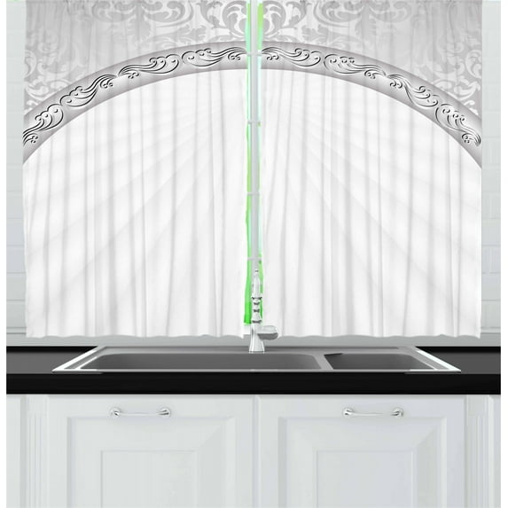 Ambesonne Damask Kitchen Curtains, Abstract Retro Ornaments, 55"x39", Pale Grey White