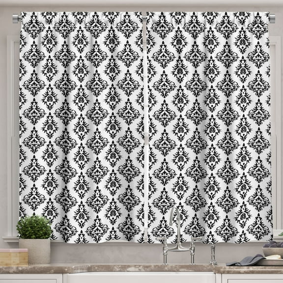 Ambesonne Damask Kitchen Curtains, Black and White Baroque, 55"x45", Black White