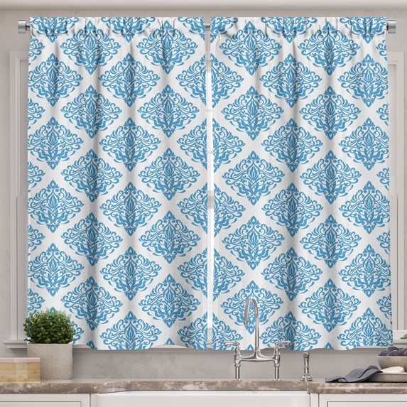 Ambesonne Damask Kitchen Curtains, Classic Royal Vintage Swirls, 55"x36", Pale Grey and Sea Blue