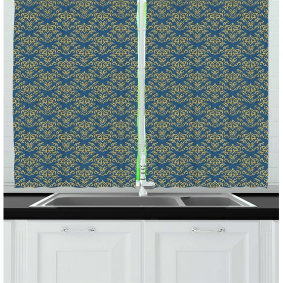 Ambesonne Damask Kitchen Curtains, Italian Ornament Composition, 55"x45", Dark Sky Blue Khaki