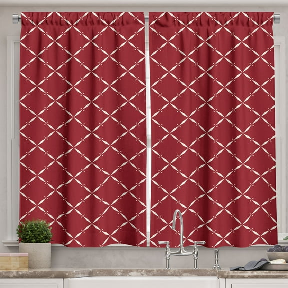 Ambesonne Damask Kitchen Curtains, Monochrome Diamond Lattice, 55"x45", Ruby White