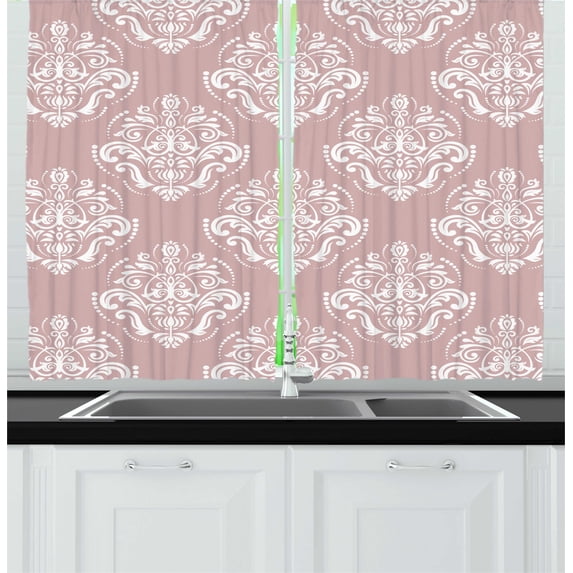 Ambesonne Damask Kitchen Curtains, Monochrome Oriental Motifs, 55"x45", Pale Salmon White
