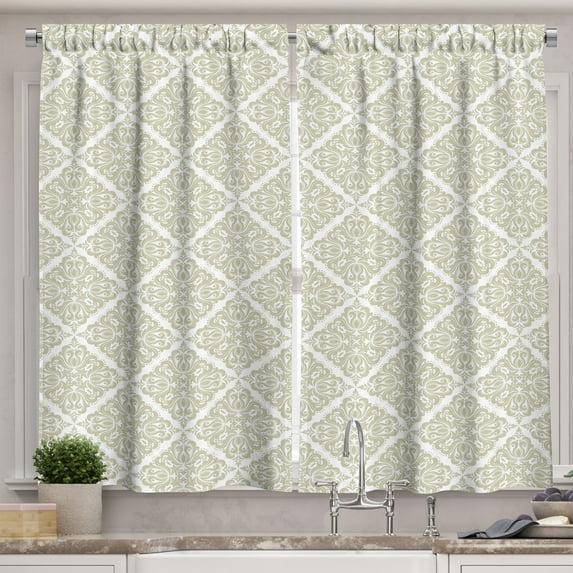 Ambesonne Damask Kitchen Curtains, Rhombus Style Ivy Floral, 55"x45", White and Pale Khaki