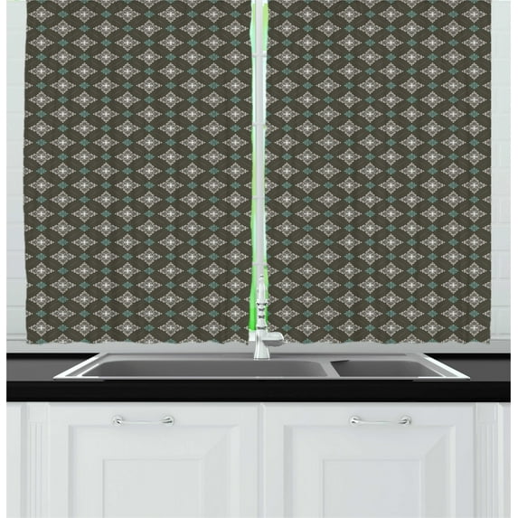 Ambesonne Damask Kitchen Curtains, Symmetrical Victorian Rococo, 55"x45", Army Green and White