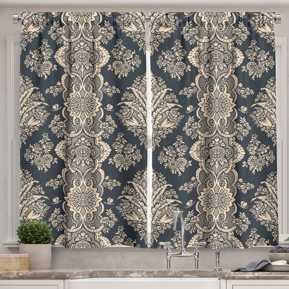 Ambesonne Damask Kitchen Curtains, Victorian Baroque Style, 55"x39", Charcoal Grey Cream