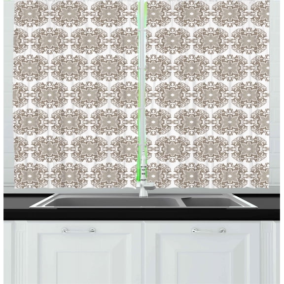 Ambesonne Damask Kitchen Curtains, Vintage Round Baroque, 55"x39", Taupe White