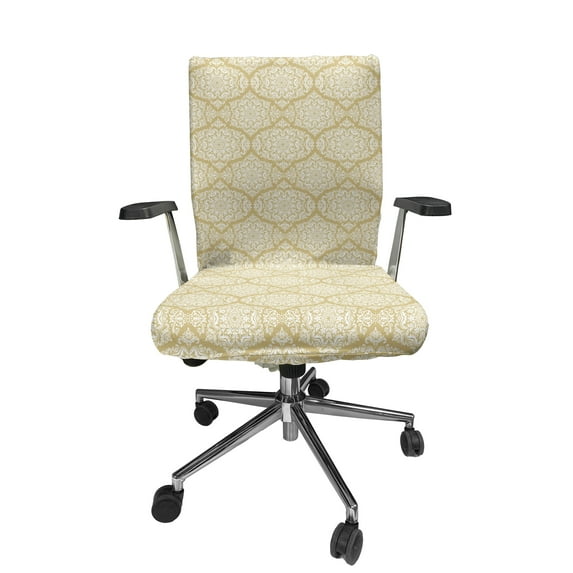 Ambesonne Damask Office Chair Cover Stretchable High Back, Floral Shape Oriental Back, Dark Mustard White