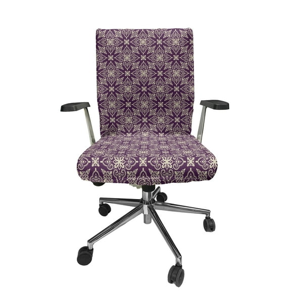 Ambesonne Damask Office Chair Cover Stretchable High Back, Oriental Floral Curly Motif, Dark Purple and Beige