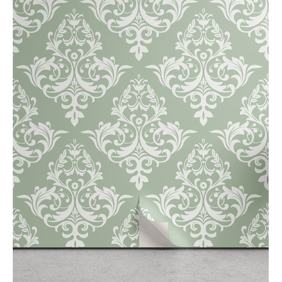 Ambesonne Damask Peel & Stick Wallpaper for Home, Floral Ivy Style Motifs Art, 13"x36", Pale Sage Green White
