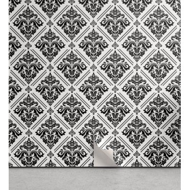 Ambesonne Damask Peel & Stick Wallpaper for Home, Monochrome Curvy Ornates, 13"x36", Charcoal Grey and White