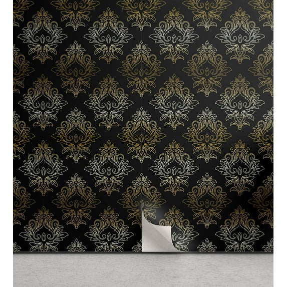 Ambesonne Damask Peel & Stick Wallpaper for Home, Oriental Floral Boho Design, 13"x36", Charcoal Grey Amber