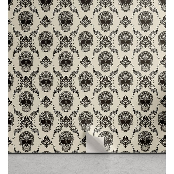 Ambesonne Damask Peel & Stick Wallpaper for Home, Victorian Halloween Skulls, 13"x36", Beige and Dark Brown
