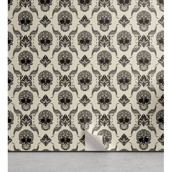 Ambesonne Damask Peel & Stick Wallpaper for Home, Victorian Halloween Skulls, 13"x36", Beige and Dark Brown