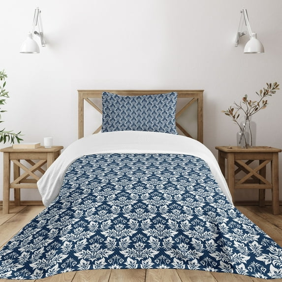 Ambesonne Damask Quilted Bedspread Set 2 Pcs, Antique Baroque Curves, Twin Size, Dark Petrol Blue White