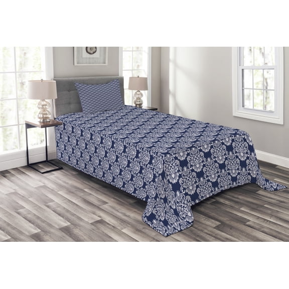 Ambesonne Damask Quilted Bedspread Set 2 Pcs, Floral Antique Flourishes, Twin Size, Dark Blue and White