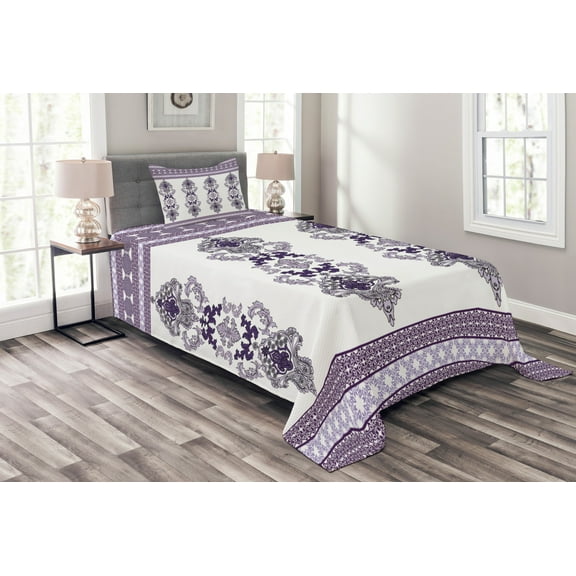 Ambesonne Damask Quilted Bedspread Set 2 Pcs, Middle Eastern Motifs, Twin Size, Lavender Purple