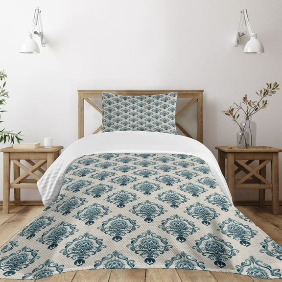 Ambesonne Damask Quilted Bedspread Set 2 Pcs, Nostalgic Baroque Blooms, Twin Size, Tan Petrol Blue