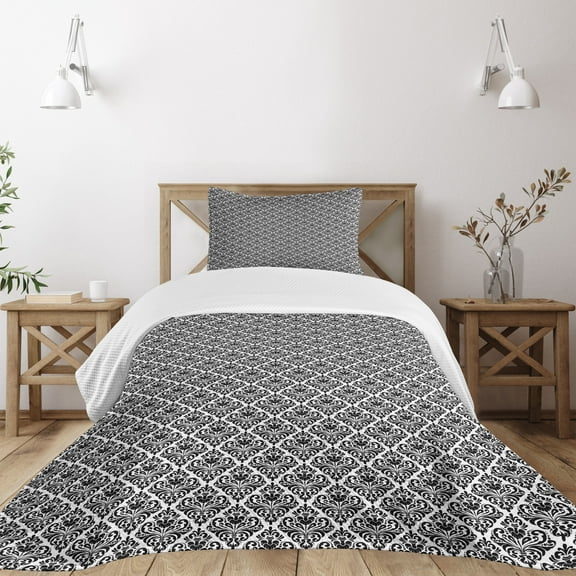 Ambesonne Damask Quilted Bedspread Set 2 Pcs, Old Blossom with Curves, Twin Size, Black White